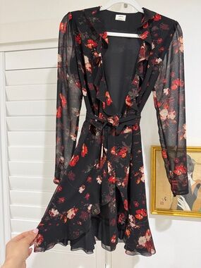 Aritzia Black Long-Sleeve Floral Wrap Dress with Red and orange Accents